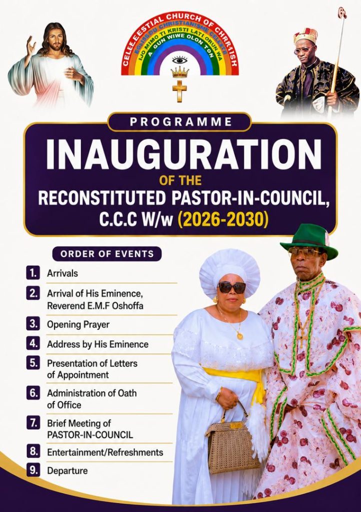ALL IS SET FOR THE GRAND INAUGURATION OF THE PASTOR-IN-COUNCIL, C.C.C W/w, 2026-2030 …On Thursday, 2nd July, 2026! 2 MyCelestialApp 1005237351 MyCelestialApp