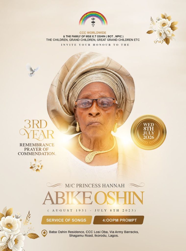 3RD YEAR REMEMBRANCE PRAYER OF COMMENDATION HOLDS FOR LATE MC HANNAH ABIKE OSHIN 3RD YEAR REMEMBRANCE PRAYER OF COMMENDATION HOLDS FOR LATE MC HANNAH ABIKE OSHIN